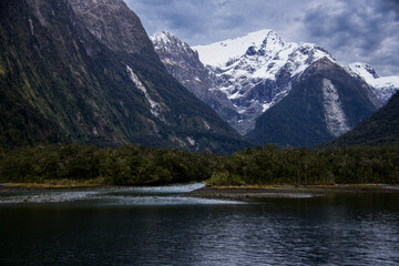 The entrance of Harrison Cove in Milford Sound with Pembroke Glacier in the background. This site is where we spent the night onboard our boat which cruises the sound on a daily basis.