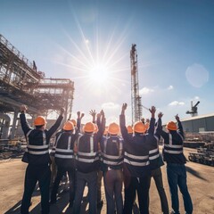 Fototapeta premium Labour day concept. Group of engineers wearing helmets and business suits, standing in a full-body view. Raising hands in celebration against the backdrop of an industrial factory with copy space for 