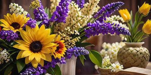 Obraz premium Jewish holiday Shavuot. Shavuot symbols : torah, first harvest, flowers, milk products- dairy