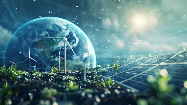 A digital rendering of Earth with green energy symbols like wind turbines and solar panels, green Planet, dynamic and dramatic compositions, with copy space - Powered by Adobe