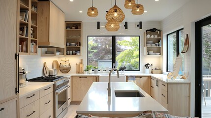A Scandinavian-inspired open kitchen with blonde wood cabinets, minimalist pendant lights, and a cozy reading nook by the window