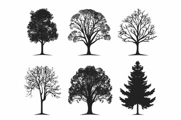 Silhouette tree set. Side view, set of graphic trees elements outline symbol for architecture and landscape design drawing. Vector illustration	