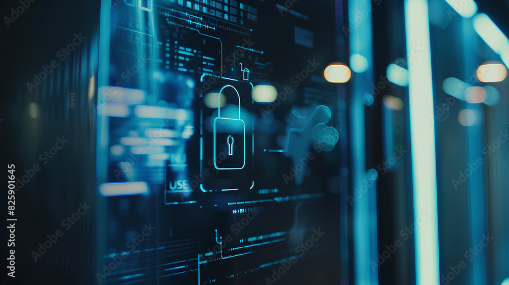 Poster a screen showing a secure two-factor authentication process, secure software development, blurred ba