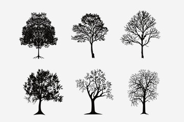 Silhouette tree set. Side view, set of graphic trees elements outline symbol for architecture and landscape design drawing. Vector illustration	