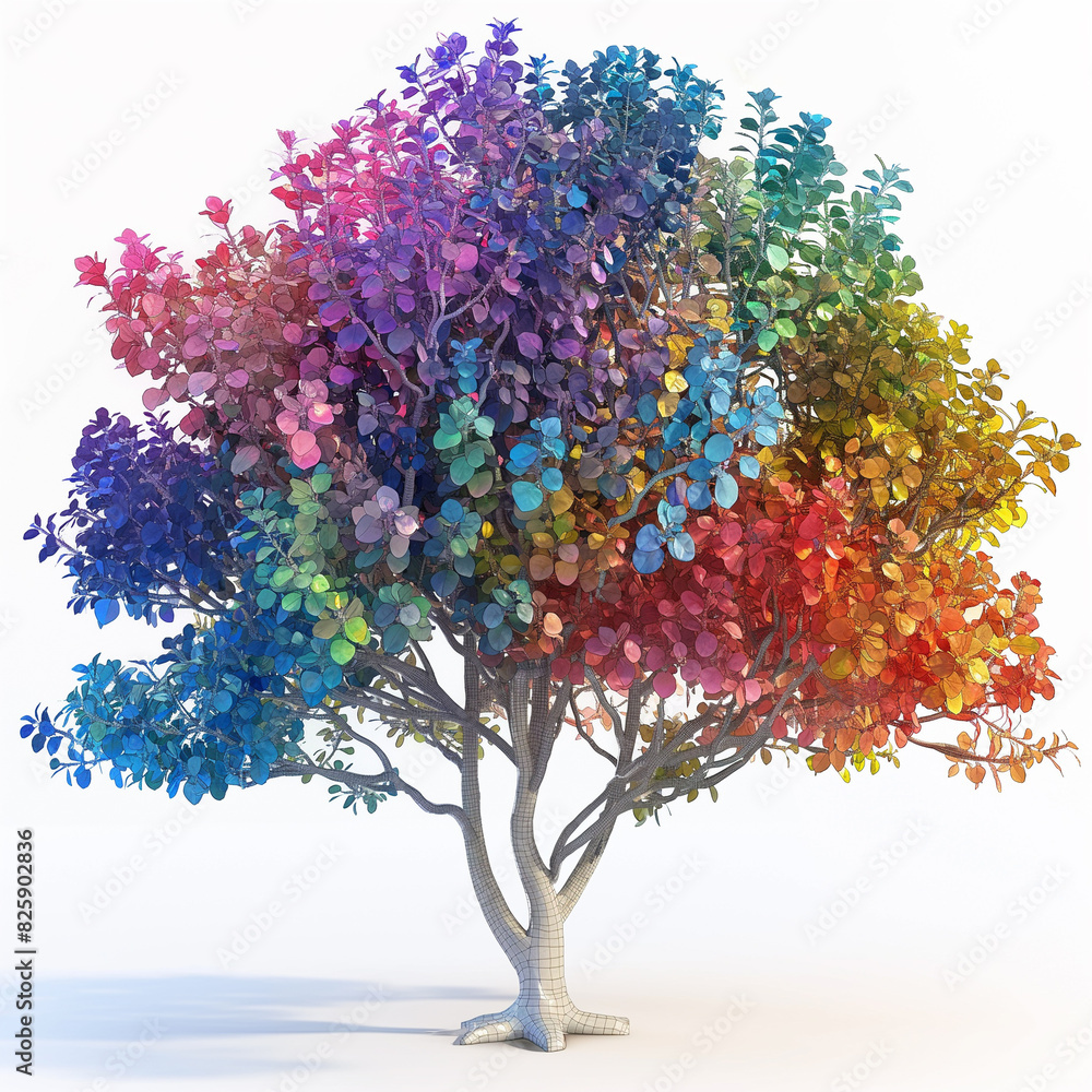 Aufkleber 9. create a 3d model of a tree with leaves in all colors of the rainbow, symbolizing growth and dive