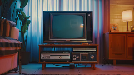 Retro television set in a cozy living room setting, with a mix of modern and vintage decor, evoking...