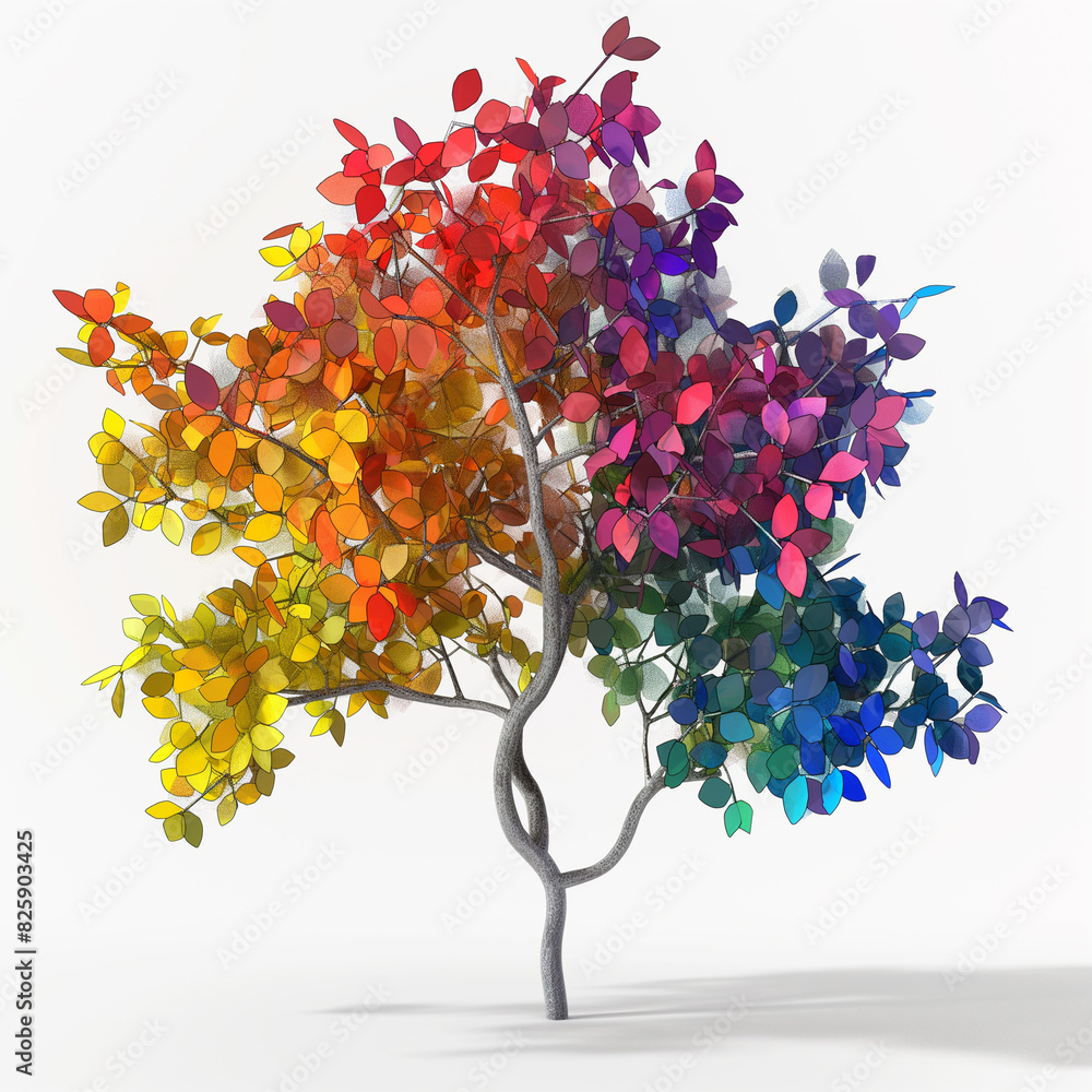 Poster 9. create a 3d model of a tree with leaves in all colors of the rainbow, symbolizing growth and dive