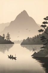 minimalist woodcut painting. The scene is of Situated beside the lake and stretching into the distance are the mountains. At the foot of the mountains, you can vaguely see the manor hidden 