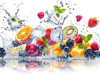 A vibrant explosion of mixed fruits, ice cubes, and water splash on a white background showcasing freshness - Generative AI