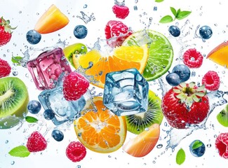 A vibrant explosion of mixed fruits, ice cubes, and water splash on a white background showcasing freshness - Generative AI