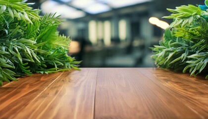 "Workspace Oasis: Stylish Wooden Desk with Vibrant Artificial Plants"Wooden Office Desk with Lush Greenery Backdrop plant, interior, pot, home, house, flower, room, plants, decoration, architecture

