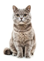 Obraz premium Adorable Gray Kitten Sitting and Looking Curiously at Camera Against White Background - Generative AI