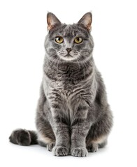 Fototapeta premium Adorable Gray Kitten Sitting and Looking Curiously at Camera Against White Background - Generative AI