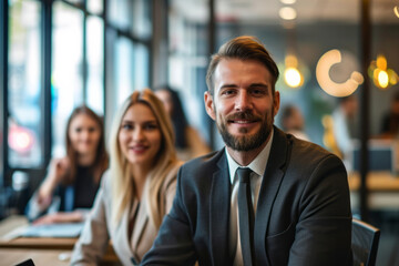 A diverse group of individuals are seated around a table inside a busy restaurant, engaged in conversation and dining