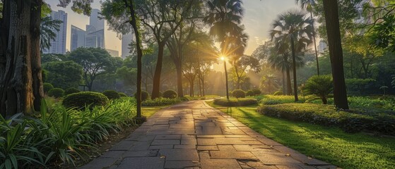 I enjoyed the peaceful atmosphere of the urban park with sunrise and lush greenery in the morning city park.