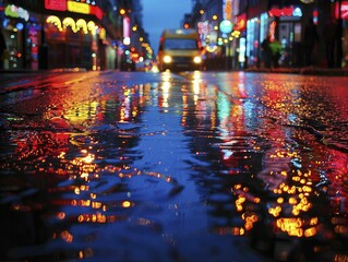 Obraz premium city road reflections, wet streets reflecting city lights at night