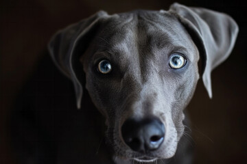 A detailed view of a dog with piercing blue eyes