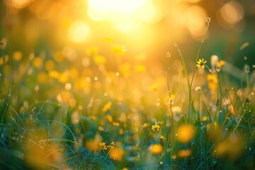 Fototapeta premium Sunset Over a Meadow of Vibrant Yellow Wildflowers with Golden Sunlight and Green Grass - Generative AI