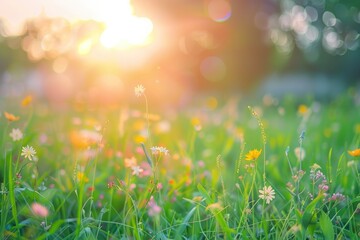 Sunset Over a Meadow of Vibrant Yellow Wildflowers with Golden Sunlight and Green Grass - Generative AI