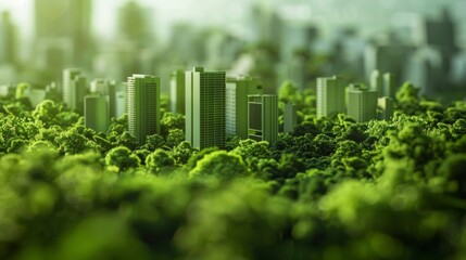 Eco-friendly urban landscape featuring sustainable buildings surrounded by lush forests, with a soft focus effect highlighting the seamless blend of natural and built environments.