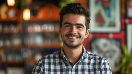 Fototapeta premium Portrait of a man in a checked shirt smiling