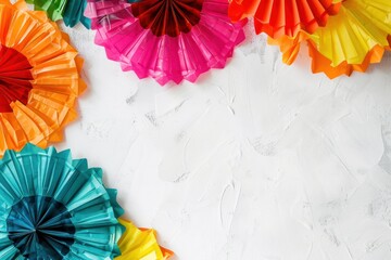 Colorful Paper Fans on White Background Creating a Festive and Vibrant Decor, Generative AI