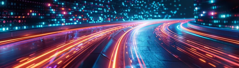 Fototapeta premium Futuristic data highway, glowing trails of light on a cybernetic road, symbolizing highspeed information flow