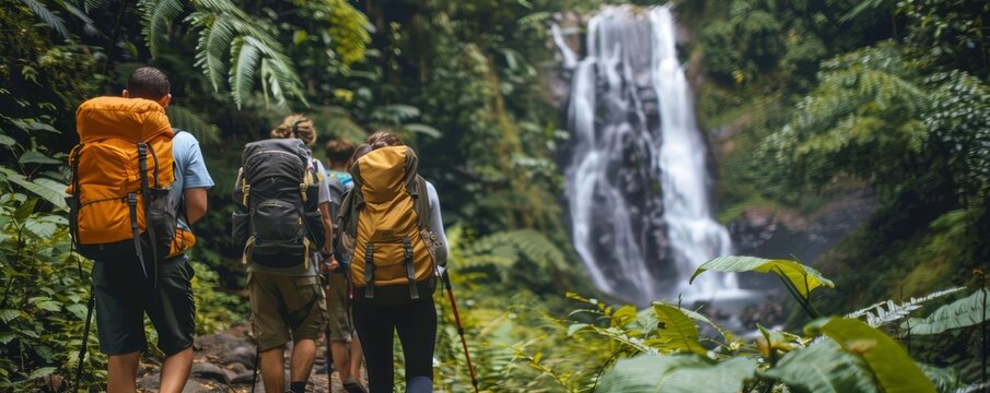 Adventurous hikers exploring a lush forest with a serene waterfall in the background. - Powered by Adobe