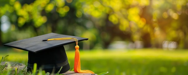 Graduation cap with orange tassel on grassy field with blurred background, symbolizing education achievement and success in a natural setting.