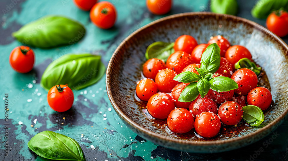 Sticker Bowl of cherry tomatoes with leaves on table.