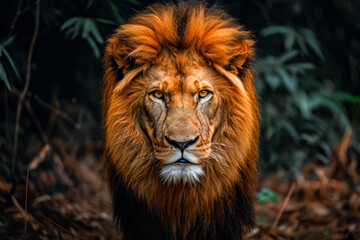 Lion with mane is staring straight ahead into the camera.