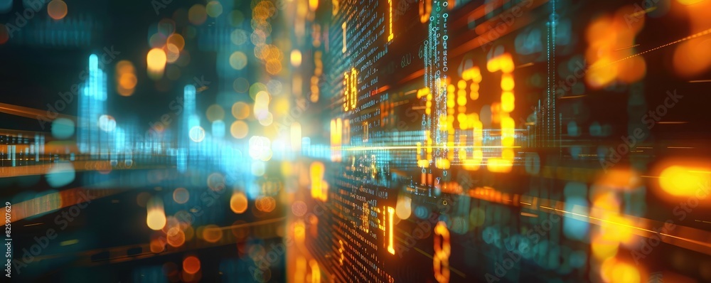 Poster abstract digital background with vibrant numbers and lights, representing data flow, technology tren