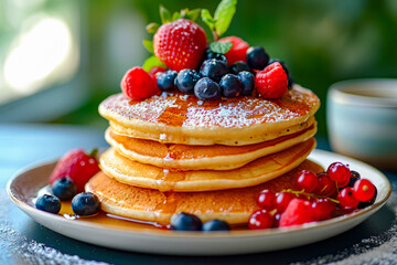Stack of pancakes is topped with fresh berries and dusting of powdered sugar.