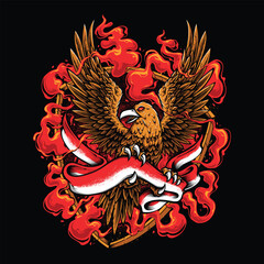 eagle holding indonesian flag with fire