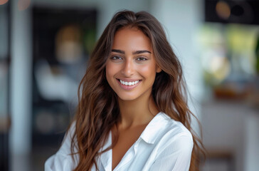 Fototapeta premium smiling Indian woman in a white shirt sitting in front of an office