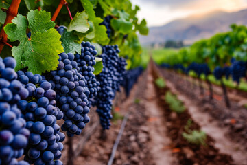Field of grapes with row of vines that are growing on vertical supports producing crop of purple...