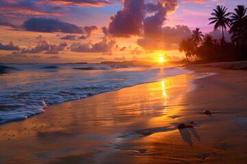 Serene Beach Sunset with Vibrant Sky and Swaying Palm Trees