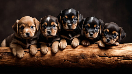 Group of five adorable puppies sitting on log.