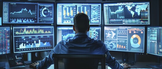 Real-time data analysis, analyst actively engaging with real-time data on numerous screens simultaneously.
