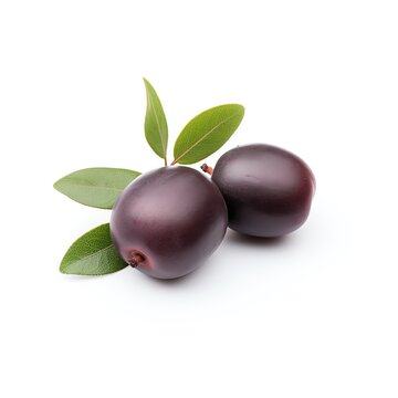 Fresh jambul fruits with green leaves on a white background. Perfect for natural health food and organic produce concepts.