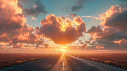 The scenic road stretches towards the horizon under a heart-shaped cloud-dappled sky.