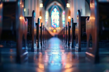 Blurred background of an empty church hall with people in pews, soft focus stained glass windows, and a bokeh effect creating a dreamy and out of focus look, ideal for bokeh style documentation.
