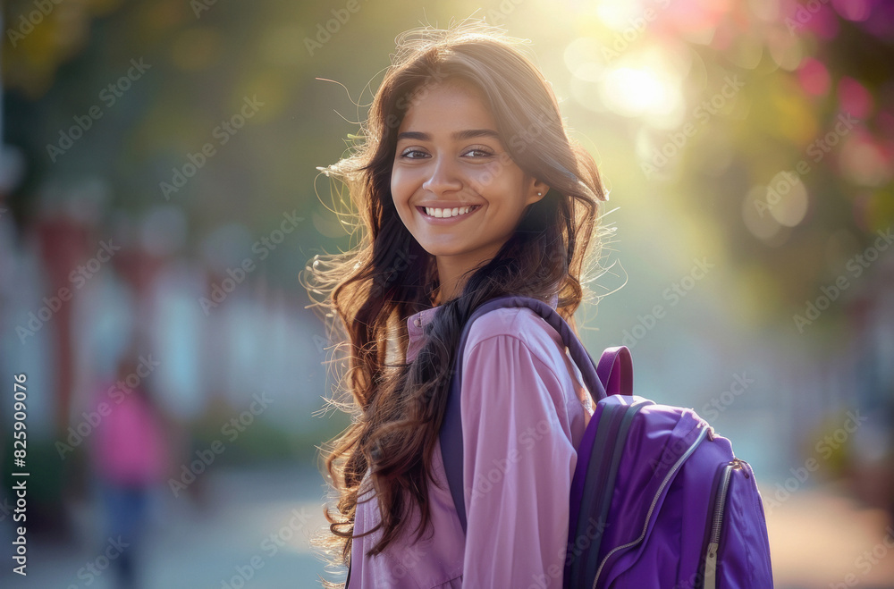 Wall mural young Indian woman smiling and holding a backpack outside a college