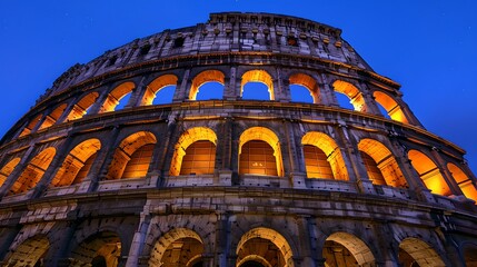 Enchanted Colosseum at Night. Iconic ancient Roman architecture. Majestic arches illuminated. Perfect for travel and historical content. AI