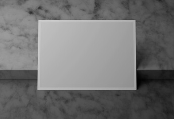 Blank white horizontal postcard mockup on marble box podium, 3D rendering