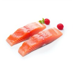Two fresh salmon fillets with bright red raspberries on a white background, showcasing a healthy and vibrant food choice.