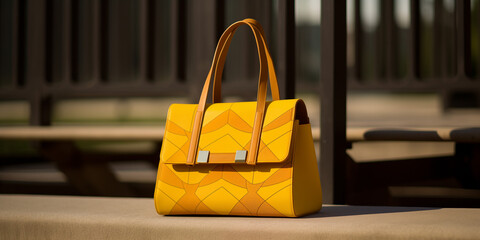 A mustard yellow hand carry bag with geometric prints, set on a concrete bench. 