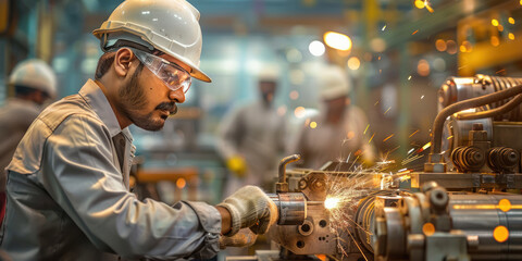Indian male factory worker in safety glasses and a white hard hat is operating an industrial machine