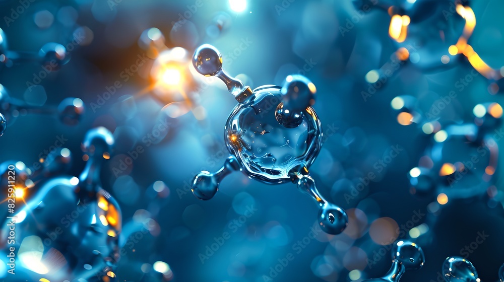 Aufkleber abstract blue molecules in sharp focus surrounded by blurred particles. science and research visuali
