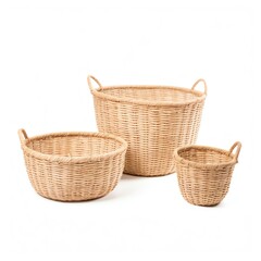 Obraz premium Three woven baskets of varying sizes made from natural materials, perfect for storage and home decor. Handcrafted and eco-friendly design.